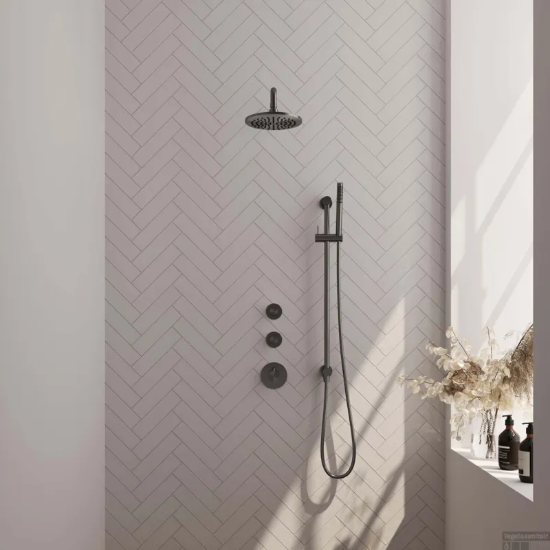Direct Beschikbaar Regendoucheset Inbouw Brauer Gunmetal Edition Thermostatisch 20cm met Gebogen Wandarm, Glijstang en Handdouche Staaf Losse Stopkranen Geborsteld Gunmetal