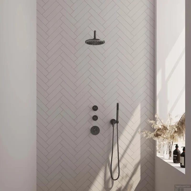Regendoucheset Inbouw Brauer Gunmetal Carving Thermostatisch 20cm met Gebogen Wandarm en Handdouche Staaf Losse Stopkranen Geborsteld Gunmetal Rechtstreeks Van De Fabrikant