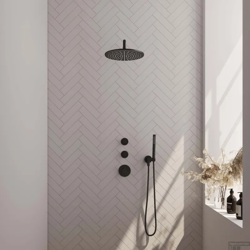 Regendoucheset Inbouw Brauer Black Carving Thermostatisch 30cm met Gebogen Wandarm en Handdouche Staaf Losse Stopkranen Mat Zwart Express Levering
