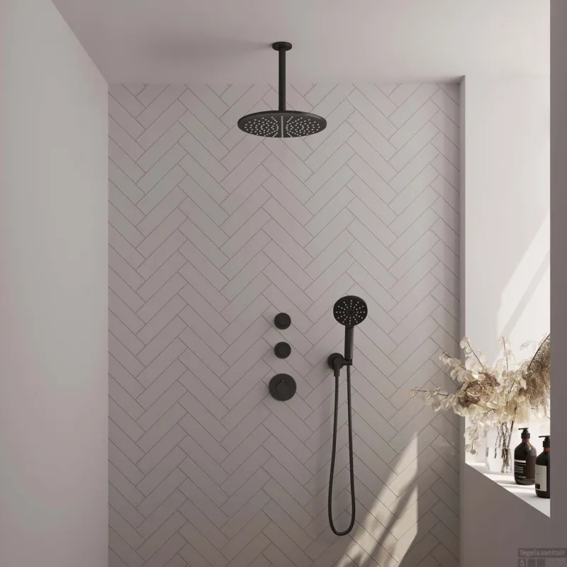 Regendoucheset Inbouw Brauer Black Carving Thermostatisch 30cm met Plafondarm en Handdouche 3-Standen Losse Stopkranen Mat Zwart Korting