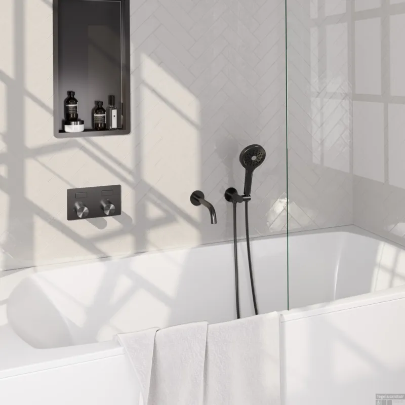 Brauer Stripe thermostatische inbouw badkraan met drukknoppen SET 04 met uitloop en 3-standen handdouche en doucheslang en wandaansluitbocht gunmetal geborsteld PVD Nu Kopen