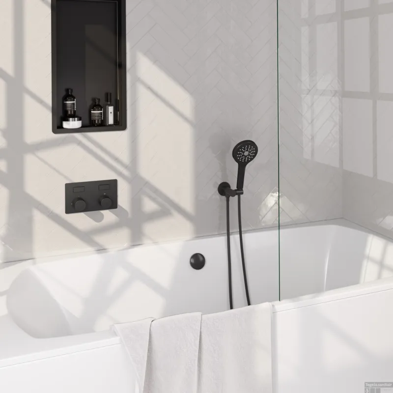 Brauer Stripe thermostatische inbouw badkraan met drukknoppen SET 04 met badvulcombinatie en 3-standen handdouche en doucheslang en wandaansluitbocht mat zwart Seizoensaanbieding