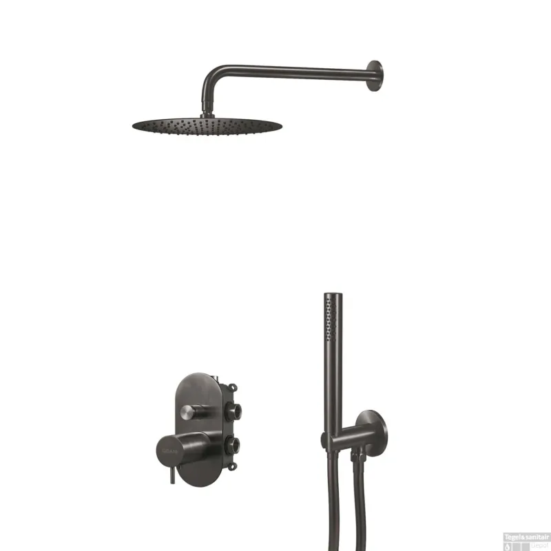 Regendoucheset Qisani Flow Inbouw 2-weg Ovalen inbouwkraan Geborsteld Gun Metal Speciale Aanbieding