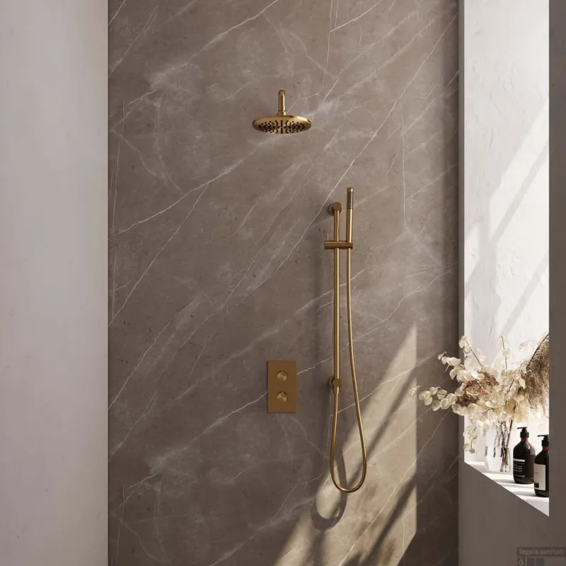 Regendoucheset Inbouw Brauer Gold Carving Thermostatisch 20cm met 3-Weg Omstelling, Gebogen Wandarm, Glijstang en Staaf Handdouche Geborsteld Goud Gecertificeerd