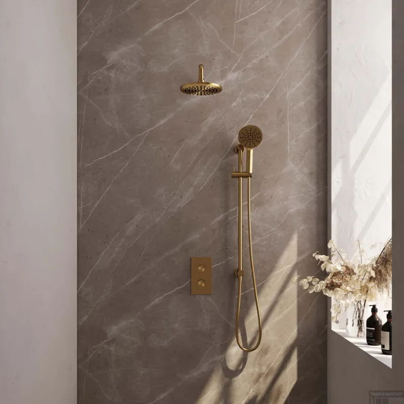 Regendoucheset Inbouw Brauer Gold Carving Thermostatisch 20cm met 3-Weg Omstelling, Gebogen Wandarm, Glijstang en Handdouche 3-Standen Geborsteld Goud Flitsaanbieding