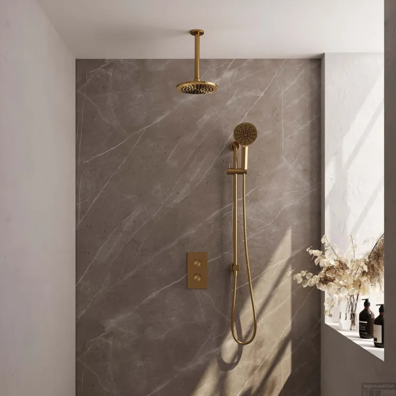 Flitsaanbieding Regendoucheset Inbouw Brauer Gold Carving Thermostatisch 20cm met 3-Weg Omstelling, Plafondarm, Glijstang en Handdouche 3-Standen Geborsteld Goud