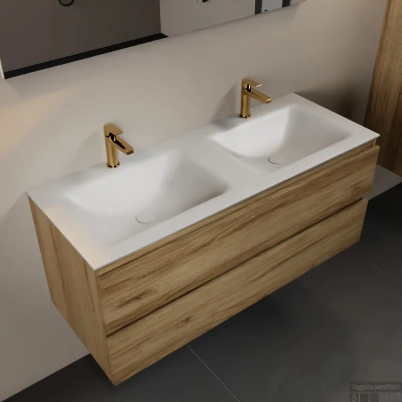 MONDIAZ AIVY 120cm badmeubel Chai, wastafel Talc solid surface dubbel 2 kraangaten (AI-351651TALC-SI - AI-M120CHDU) Uitverkoop