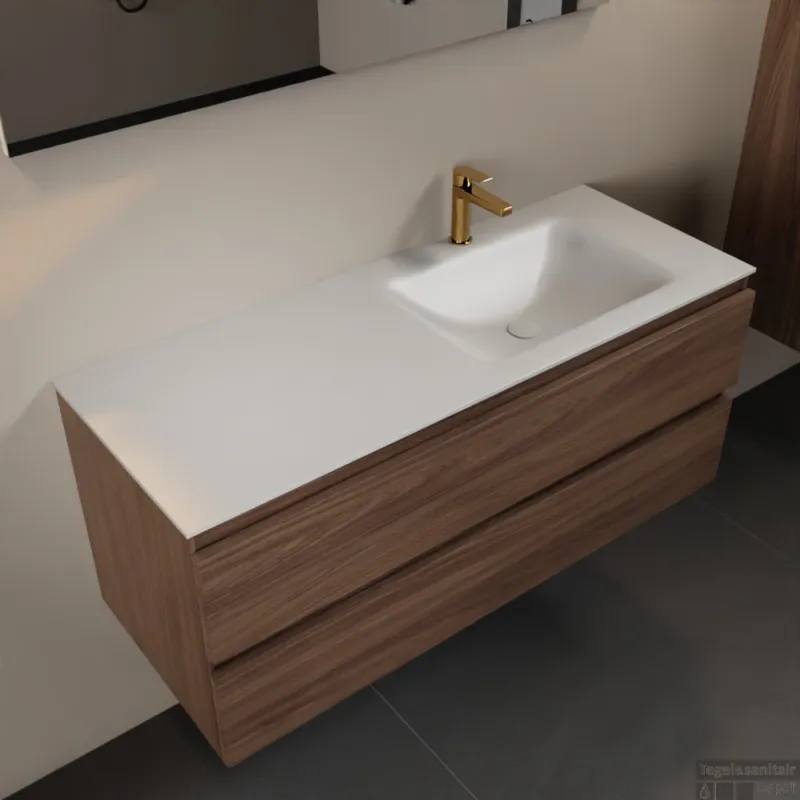 Beperkte Voorraad MONDIAZ AIVY 120cm badmeubel Mocha, wastafel Talc solid surface rechts 1 kraangat (AI-351641TALC-SI - AI-M120MORE)