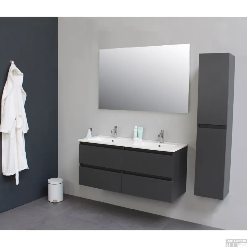 Badkamermeubel BWS Pepper Wastafel Porselein Twee Kraangaten 120x55x46 cm Antraciet Beperkt Aanbod