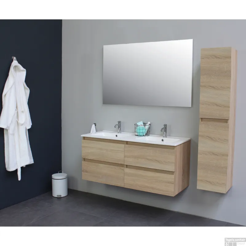 Exclusieve Aanbieding Badkamermeubel BWS Pepper Wastafel Porselein Twee Kraangaten 120x55x46 cm Eiken