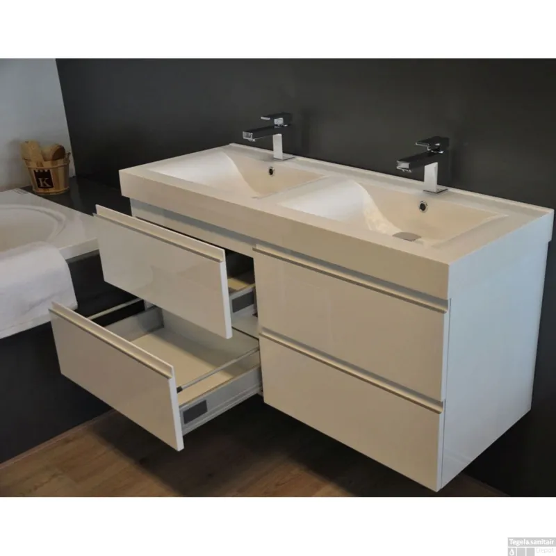 Actieprijs Badkamermeubelset Wiesbaden Sigid 120x46x58 cm MDF Hoogglans Wit (2 kraangaten, 4 lades)