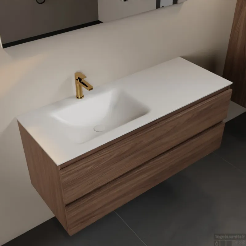 Betrouwbaar MONDIAZ AIVY 120cm badmeubel Mocha, wastafel Talc solid surface links 1 kraangat met spiegel (AI-351631TALC-SI - AI-M120MOLI - AI-S120X71)