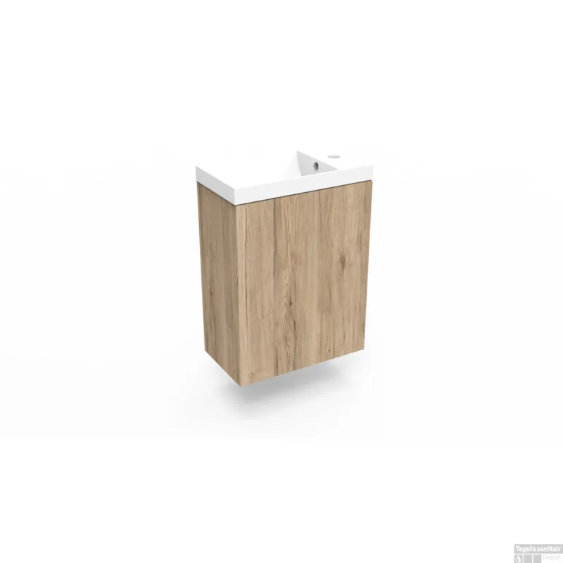 Tijdelijk Beschikbaar Fonteinkast Canyon Oak Arcqua Luna 40x55x28 cm Incl. Fontein Glans Wit Met Overloop