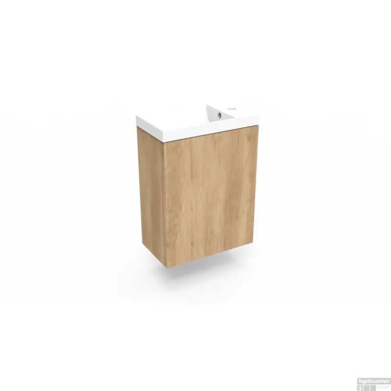 Uitverkoop Fonteinkast Nebraska Oak Arcqua Luna 40x55x28 cm Incl. Fontein Mat Wit Met Overloop