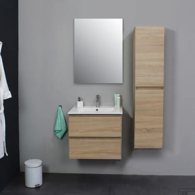 Badkamermeubel BWS Pepper Wastafel Porselein Incl Spiegel En Kraangat 60x55x46 cm Eiken Nieuw