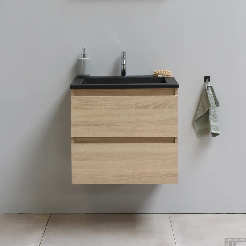 Must-Have Badkamermeubel BWS Pepper Acryl Wastafel Mat Zwart Met Kraangat 60x55x46 cm Eiken