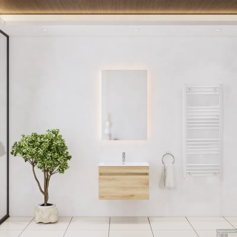 Badkamermeubelset Gliss Design Anelius 70cm Natural Oak (Keuze uit wastafel, kraangaten & spiegel) Populair