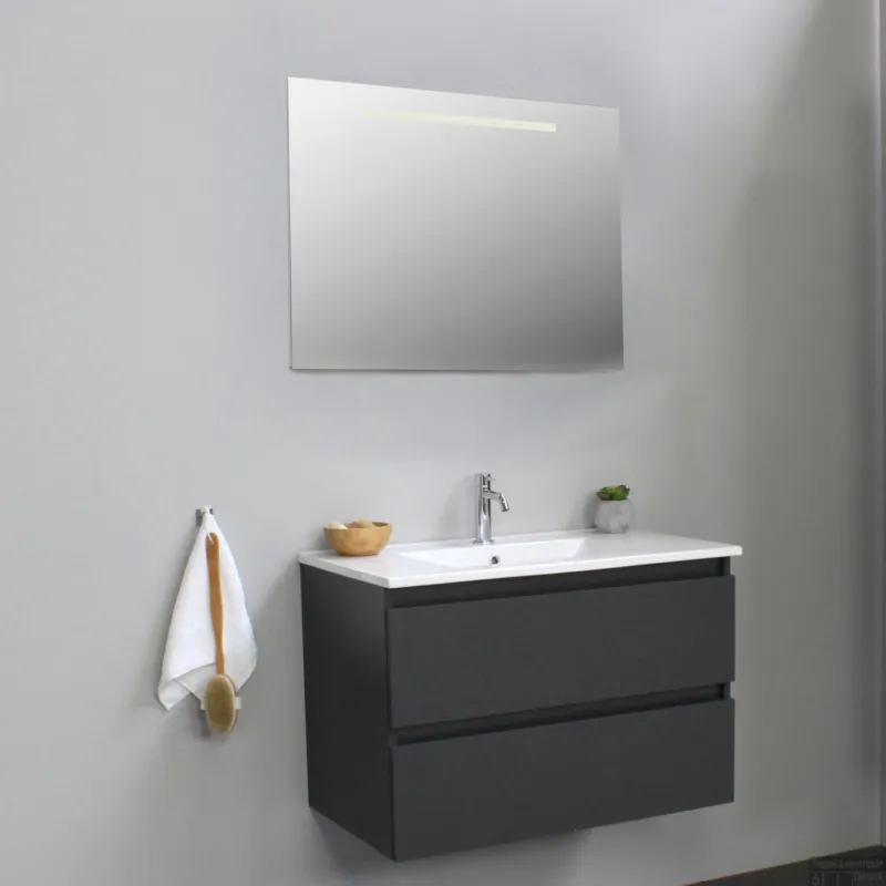 Superprijs Badkamermeubel BWS Pepper Wastafel Porselein Incl Spiegel Met LED Verlichting En Kraangat 80x55x46 cm Antraciet