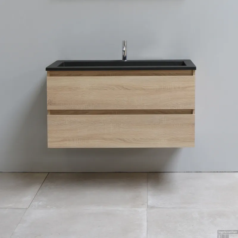 Merkproduct Badkamermeubel BWS Pepper Acryl Wastafel Mat Zwart Met Kraangat 100x55x46 cm Eiken