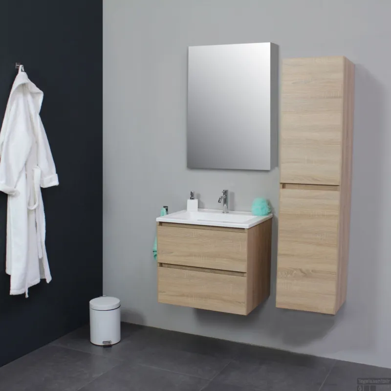 Badkamermeubel BWS Pepper Wastafel Acryl Incl Spiegelkast Met Kraangat 60x55x46 cm Eiken Exclusieve Aanbieding