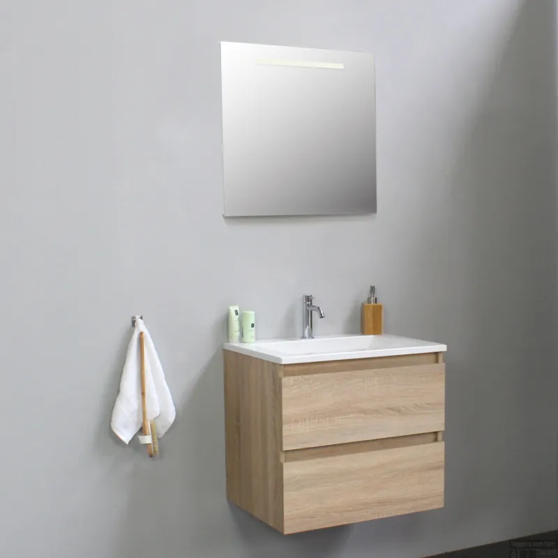Badkamermeubel BWS Pepper Acryl Wastafel Met Kraangat Inclusief Spiegel Met LED Verlichting 60x55x46 cm Eiken Korting
