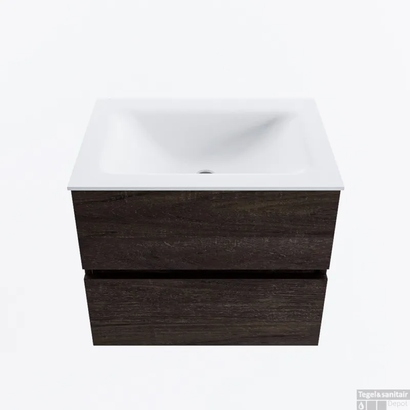 MONDIAZ VICA 60cm badmeubel onderkast Dark Brown 2 lades. Wastafel CLOUD midden 1 kraangat, kleur Talc. Gecertificeerd