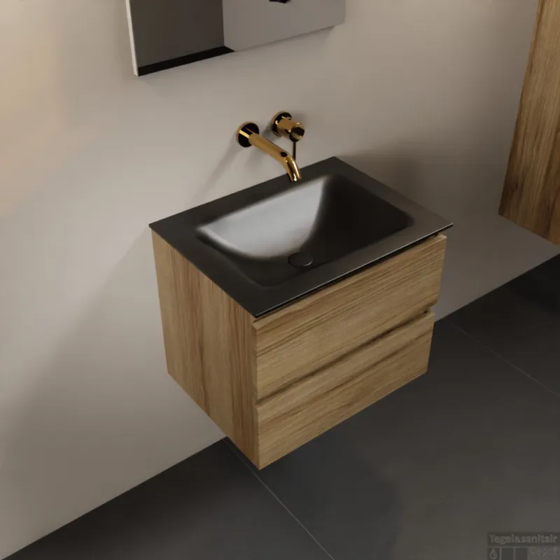 MONDIAZ AIVY 60cm badmeubel Chai, wastafel Urban solid surface midden zonder kraangat met spiegel (AI-351111URBAN-NO - AI-M60CHMI - AI-S60X70) Uitverkoop