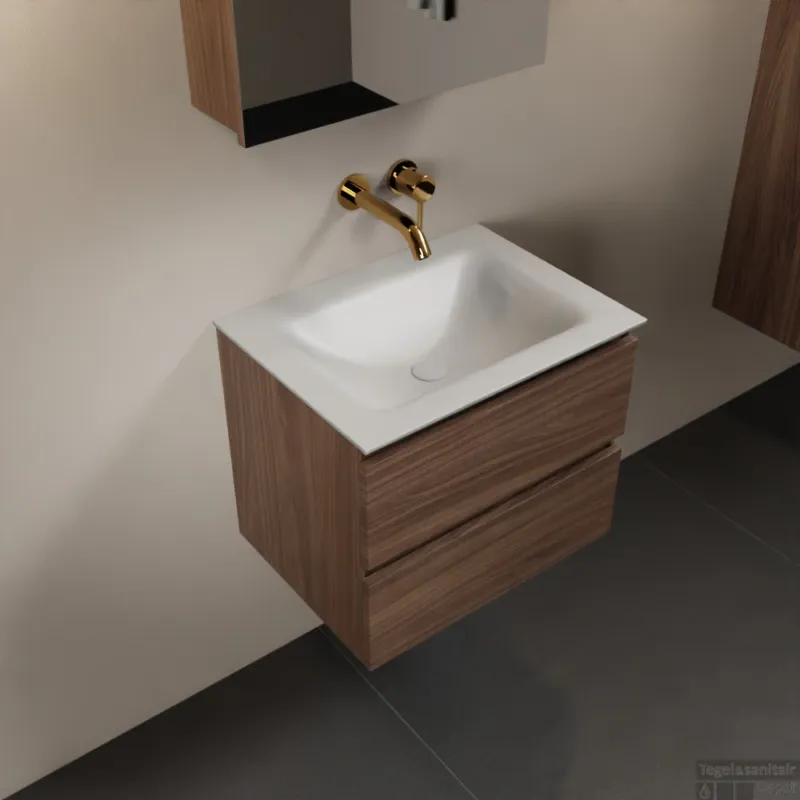 MONDIAZ AIVY 60cm badmeubel Mocha, wastafel Talc solid surface midden zonder kraangat met spiegelkast (AI-351111TALC-NO - AI-M60MOMI - AI-C60MOMI) Speciale Aanbieding