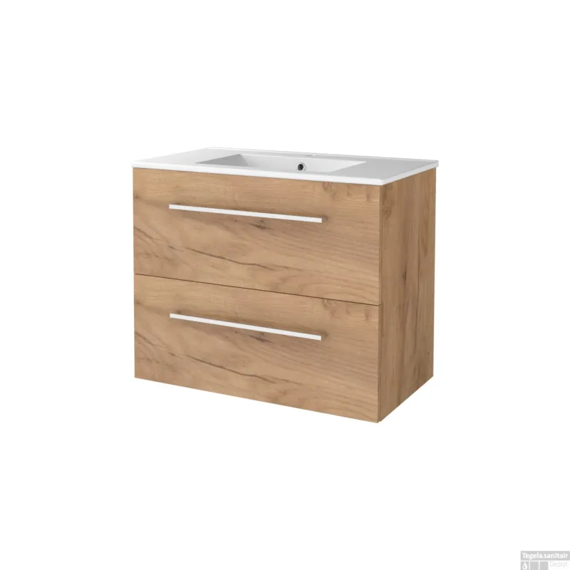 Badmeubelset BWS Salt 80x46cm Met Grepen 2 Lades Met Wastafel 1 Kraangat Whisky Oak Premium