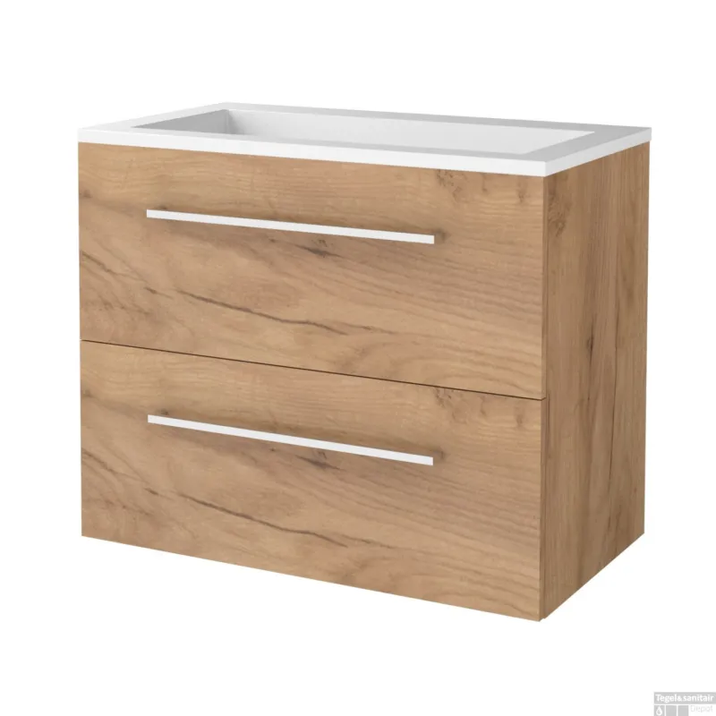 Rechtstreeks Van De Fabrikant Badmeubelset BWS Salt 80x46cm Met Grepen 2 Lades Met Wastafel Acryl Whisky Oak