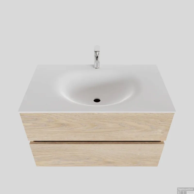 Badkamermeubel Solid Surface BWS Stockholm 80x46 cm Wood Washed Oak (1 kraangat) Nu Kopen