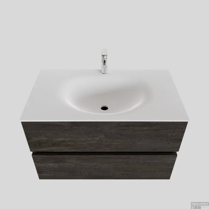 Badkamermeubel Solid Surface BWS Stockholm 80x46 cm Wood Dark Brown (1 kraangat) Actieprijs