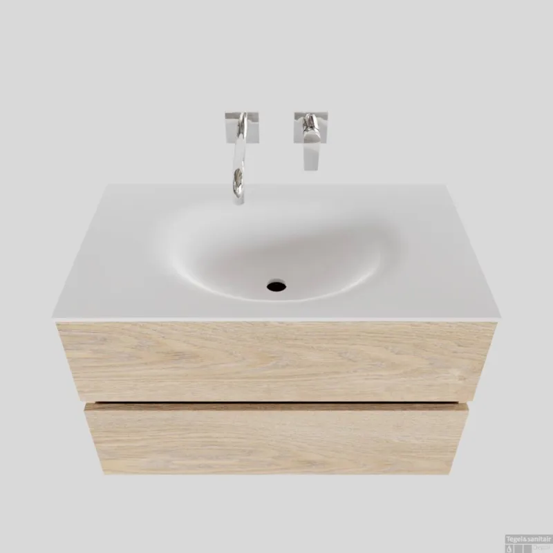 Express Levering Badkamermeubel Solid Surface BWS Stockholm 80x46 cm Wood Washed Oak (0 kraangaten)