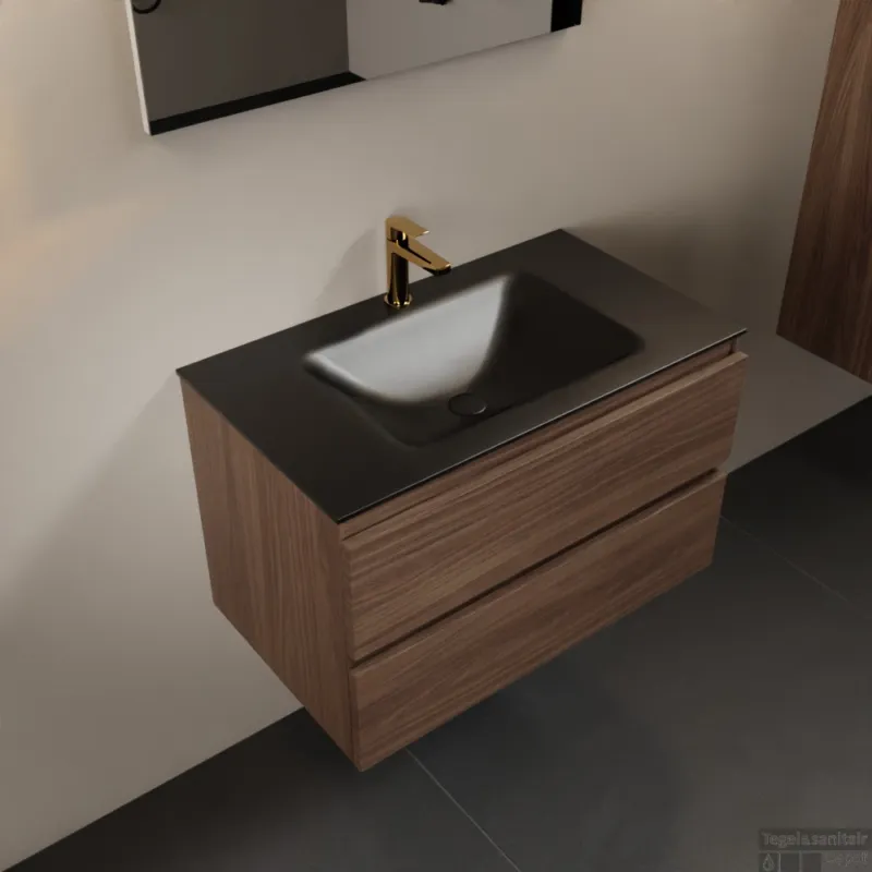 Gereduceerde Prijs MONDIAZ AIVY 80cm badmeubel Mocha, wastafel Urban solid surface midden 1 kraangat (AI-351171URBAN-SI - AI-M80MOMI)