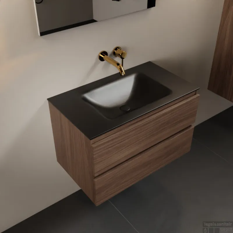 Direct Verzonden MONDIAZ AIVY 80cm badmeubel Mocha, wastafel Urban solid surface midden zonder kraangat (AI-351171URBAN-NO - AI-M80MOMI)