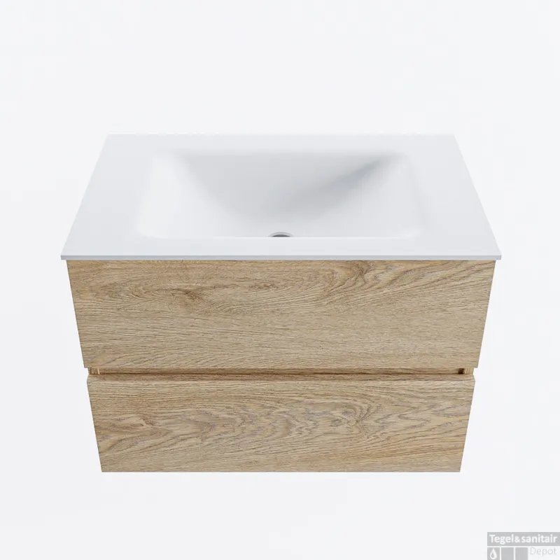 MONDIAZ VICA 70cm badmeubel onderkast Washed Oak 2 lades. Wastafel CLOUD midden 1 kraangat, kleur Talc. Rechtstreeks Van De Fabrikant