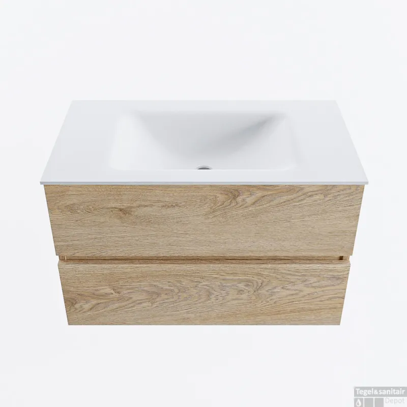 Nieuw MONDIAZ VICA 80cm badmeubel onderkast Washed Oak 2 lades. Wastafel CLOUD midden zonder kraangat, kleur Talc.