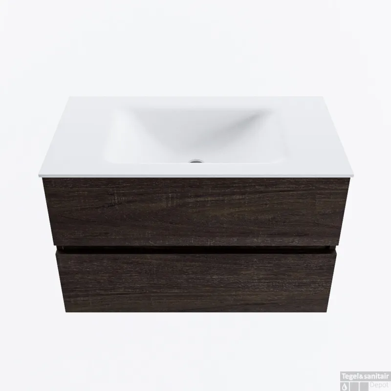 Direct Beschikbaar MONDIAZ VICA 80cm badmeubel onderkast Dark Brown 2 lades. Wastafel CLOUD midden zonder kraangat, kleur Talc.