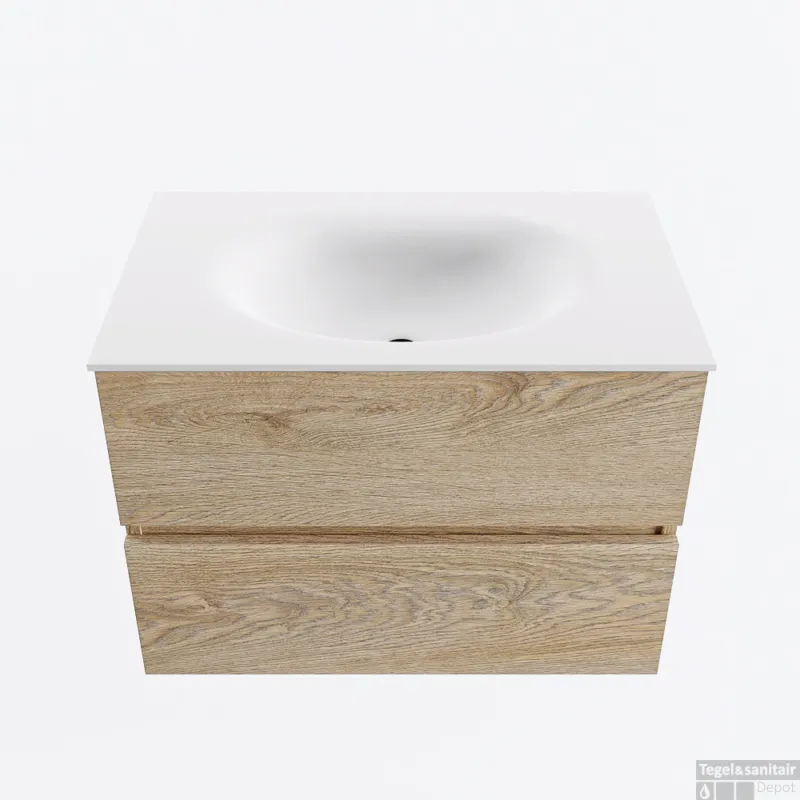 MONDIAZ VICA 70cm badmeubel onderkast Washed Oak 2 lades. Wastafel MOON midden 1 kraangat, kleur Talc. Beperkte Voorraad