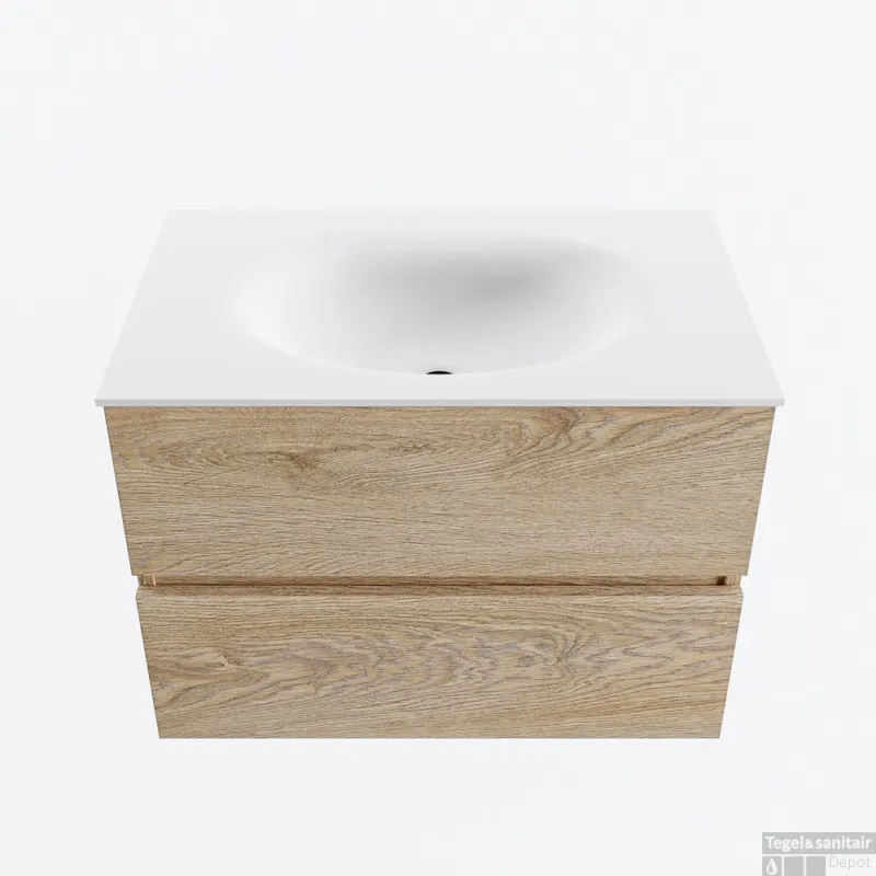 Rechtstreeks Van De Fabrikant MONDIAZ VICA 70cm badmeubel onderkast Washed Oak 2 lades. Wastafel MOON midden zonder kraangat, kleur Talc.