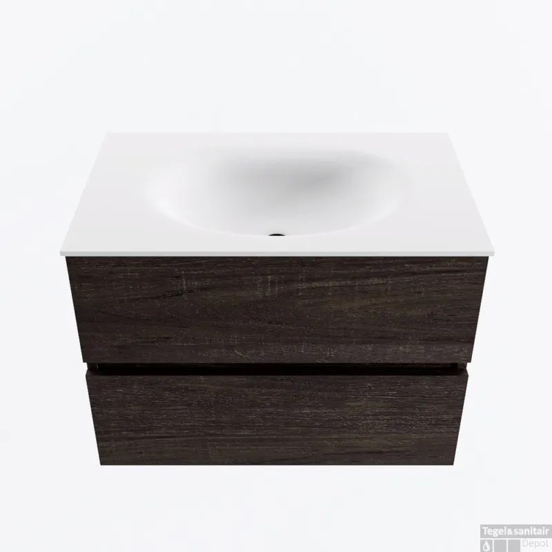 MONDIAZ VICA 70cm badmeubel onderkast Dark Brown 2 lades. Wastafel MOON midden 1 kraangat, kleur Talc. Uitverkoop