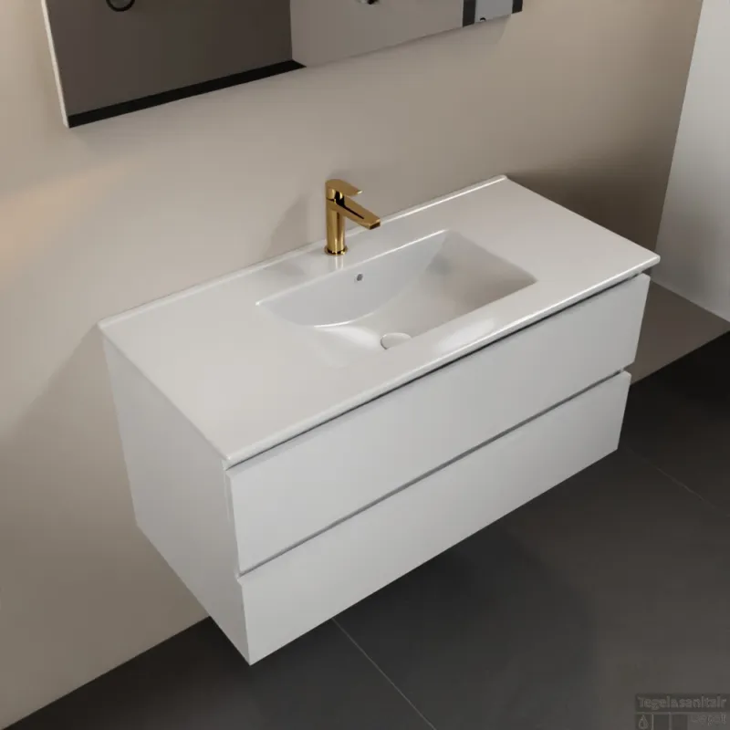 MONDIAZ AIVY 100cm badmeubel Talc, wastafel glanzend wit keramiek midden 1 kraangat met spiegel (M60102 - AI-M100TAMI - AI-S100X70) Voordeelprijs