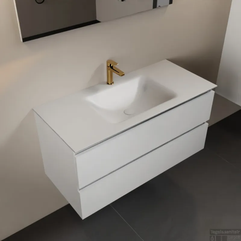MONDIAZ AIVY 100cm badmeubel Talc, wastafel Talc solid surface midden 1 kraangat met spiegel (AI-351321TALC-SI - AI-M100TAMI - AI-S100X70) Merkproduct
