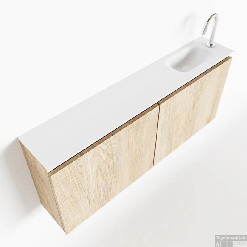 Laatste Kans MONDIAZ TURE 120cm toiletmeubel washed oak. EDEN wastafel talc rechts 1 kraangat