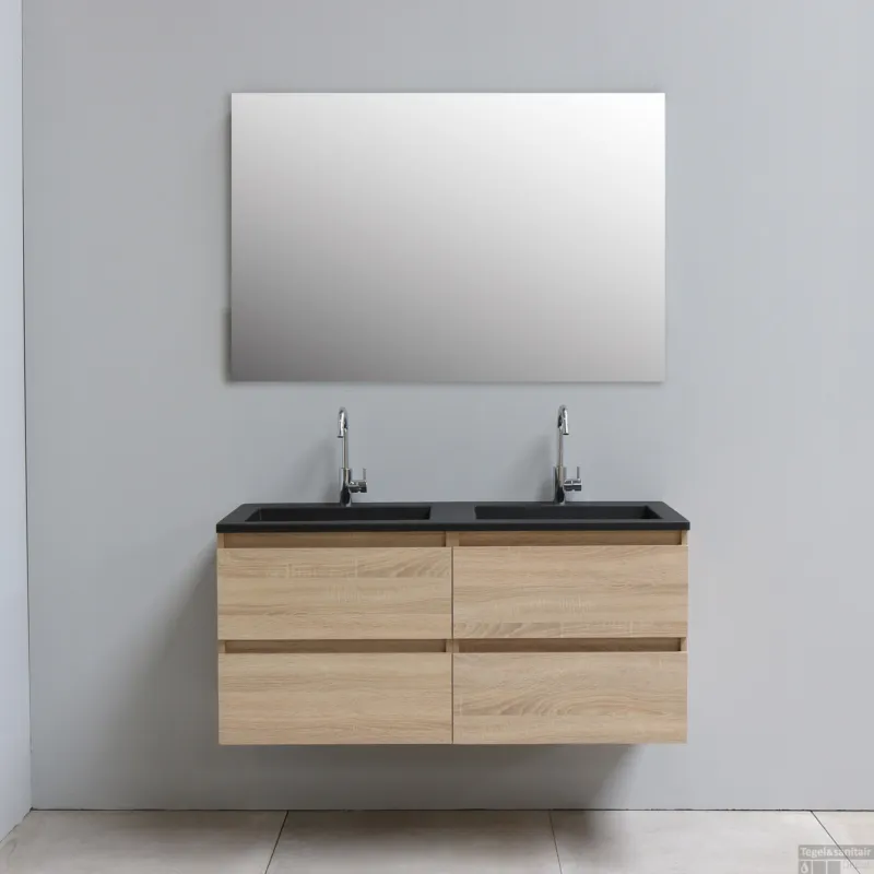 Badkamermeubel BWS Pepper Acryl Wastafel Mat Zwart Incl Spiegel Met 2 Kraangaten 120x55x46 cm Eiken Flitsaanbieding