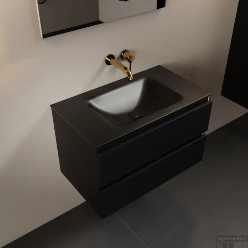 MONDIAZ AIVY 80cm badmeubel Urban, wastafel Urban solid surface midden zonder kraangat (AI-351171URBAN-NO - AI-M80URMI) Finale Uitverkoop