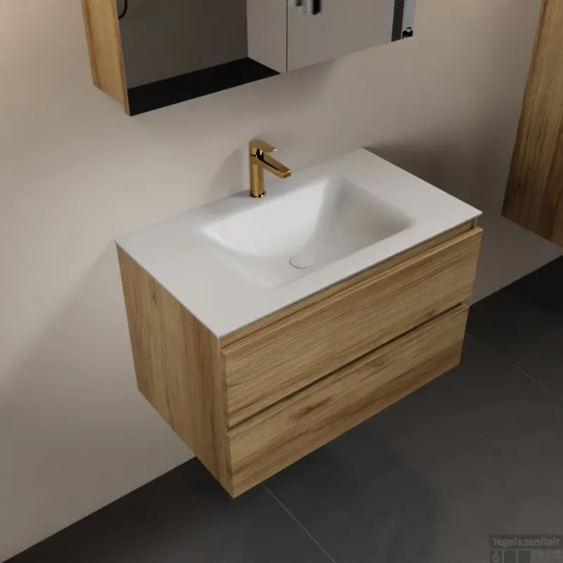 Shop Nu MONDIAZ AIVY 80cm badmeubel Chai, wastafel Talc solid surface midden 1 kraangat met spiegelkast (AI-351171TALC-SI - AI-M80CHMI - AI-C80CHMI)
