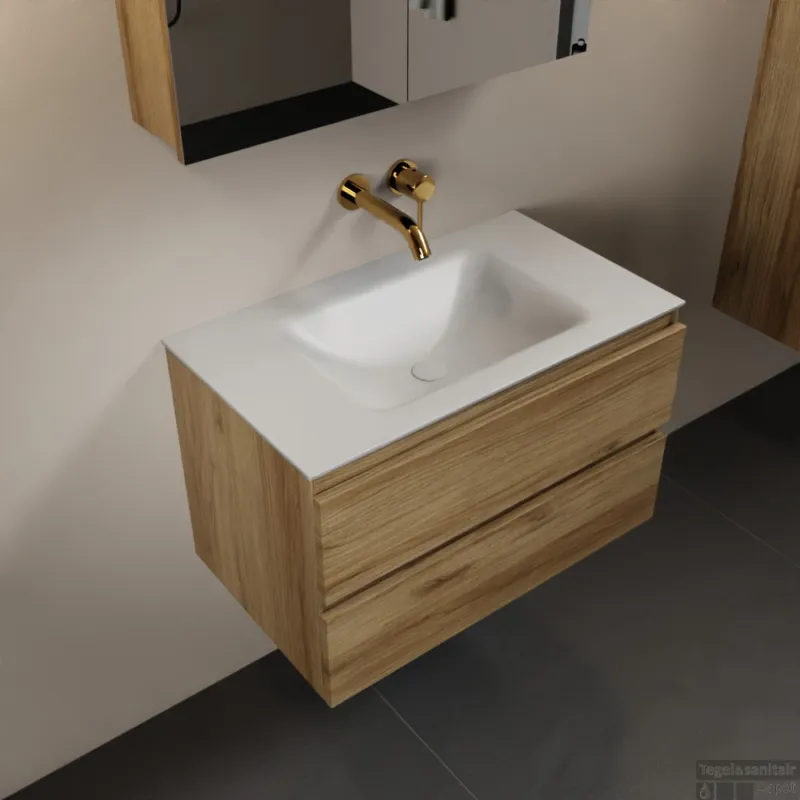 MONDIAZ AIVY 80cm badmeubel Chai, wastafel Talc solid surface midden zonder kraangat met spiegelkast (AI-351171TALC-NO - AI-M80CHMI - AI-C80CHMI) Dagaanbieding