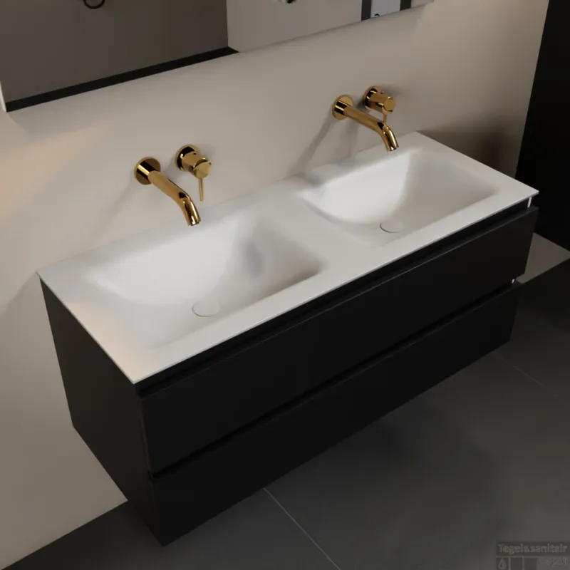 MONDIAZ AIVY 120cm badmeubel Urban, wastafel Talc solid surface dubbel zonder kraangat (AI-351651TALC-NO - AI-M120URDU) Gecertificeerd