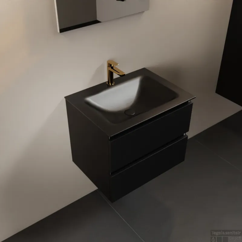 Dagaanbieding MONDIAZ AIVY 60cm badmeubel Urban, wastafel Urban solid surface midden 1 kraangat met spiegel (AI-351111URBAN-SI - AI-M60URMI - AI-S60X70)
